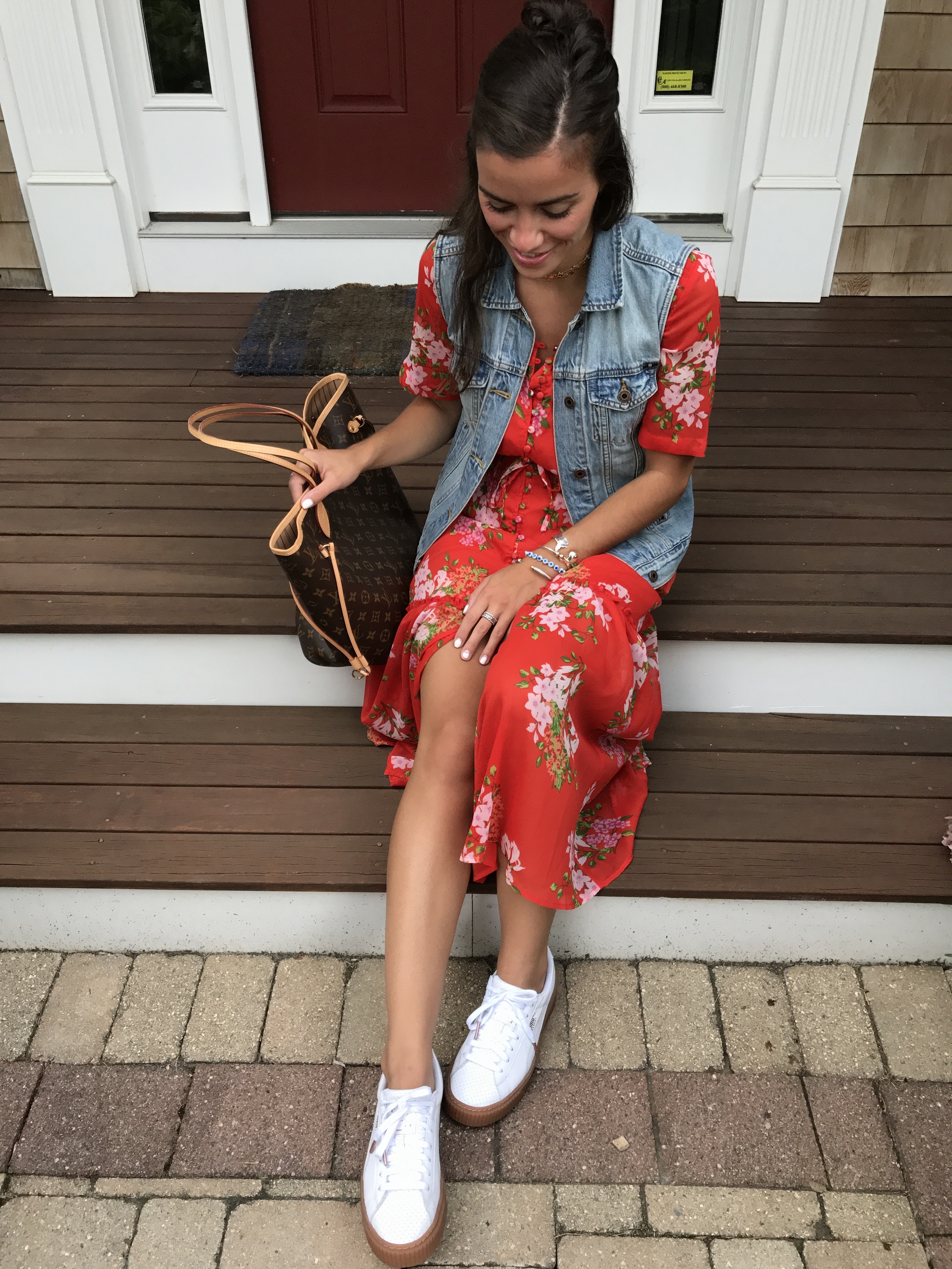 red floral dress with denim jacket Fancy Ashley shares this cute spring floral dress with wedges!